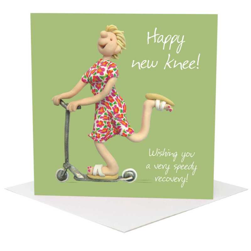 Funny female happy new knee card to send get well wishes - designed by Erica Sturla - 15cm square and blank inside, made in the UK