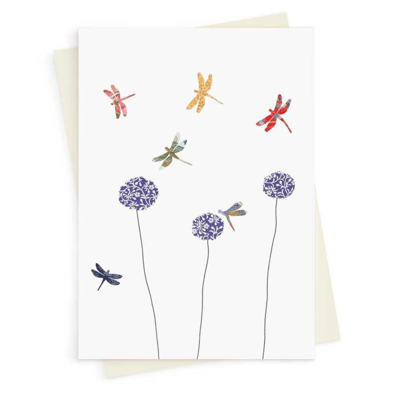 Dragonflies & alliums blank greeting card -  designed by Eloise Hall - 15.7 x 11cm and blank inside, made in the UK