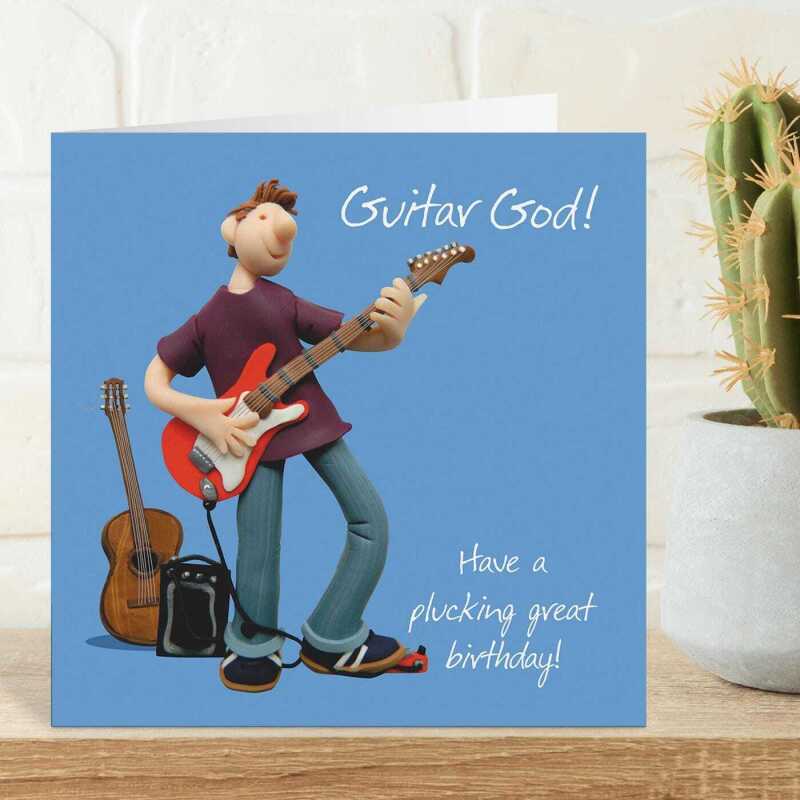 Funny guitar god birthday card for him - designed by Erica Sturla - 15cm square and blank inside, made in the UK