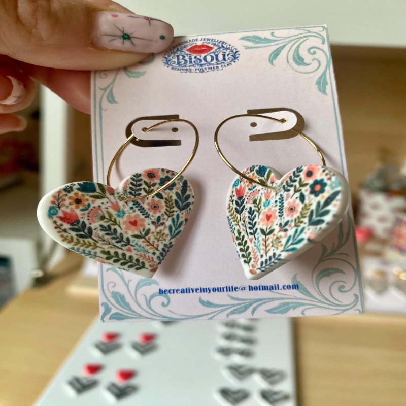 Floral Heart Polymer Clay Earrings &ndash; Botanical Gold Leaf Dangles &ndash; Romantic Statement Jewelry - leaf