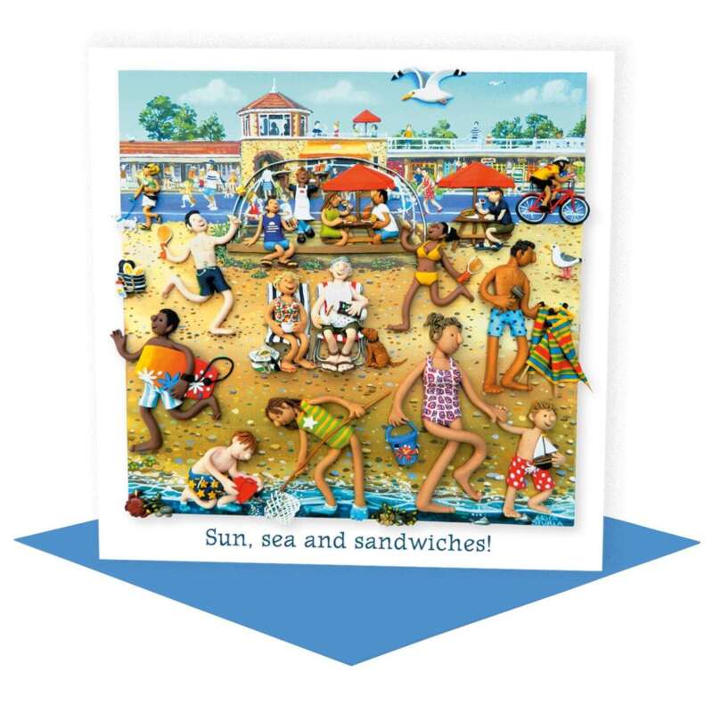 Beach Art Card - Sun Sea and Sandwiches - Polymer Clay Art by Erica Sturla - Seaside Card UK