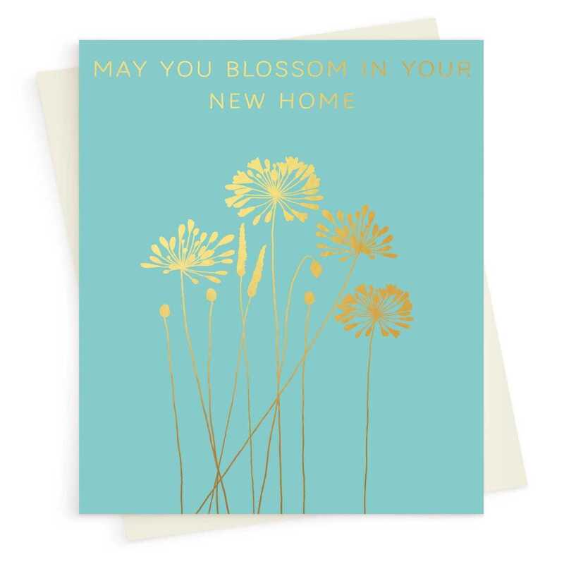 New home card with a pretty gold foil agapanthus print - designed by artist Eloise Hall - 15.7 x 11cm and blank inside