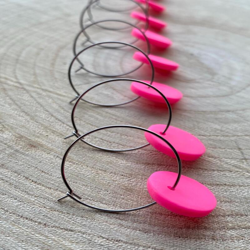 Fluorescent Pink Clay Hoop Earrings: Minimalist Festival Jewelry - fluorescent pink