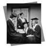 Graduates, black and white graduation card featuring female students with chocolates - 12.6 x 17.7cm and blank inside - made in the UK