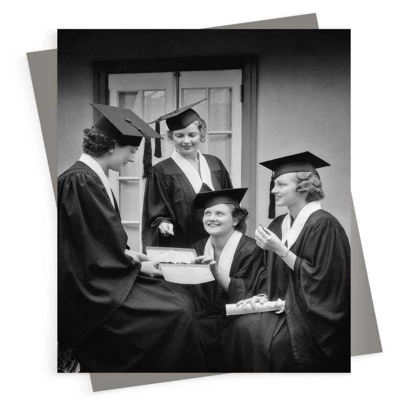 Graduates, black and white graduation card featuring female students with chocolates - 12.6 x 17.7cm and blank inside - made in the UK