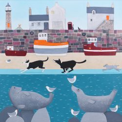 Holy Mackerel chase the birdie harbour themed art card for him or her - designed by artist Ailsa Black - 15cm square and blank inside for your message