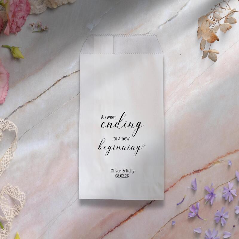 Personalised Wedding Candy Bags | A Sweet Ending to a new Beginning | 15cm × 10cm | White | Wedding, Party - White - Sample (not custom)