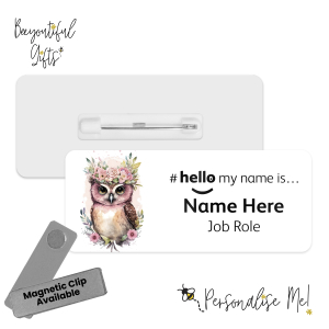 Name Badge - Cute Pink Floral Animals Hello My Name is... - Owl