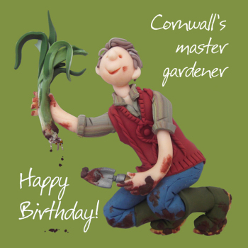 Cornwall's Master Gardener Birthday Greetings Card, Designed by Erica Sturla for Holy Mackerel. Card is 150mm Square and Blank Inside.