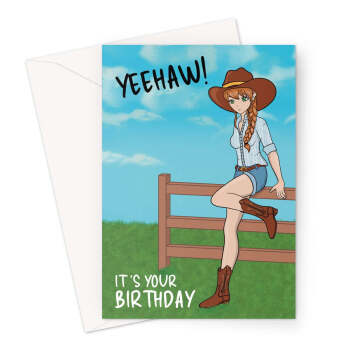 Cute Cowgirl Birthday Card - Anime Style