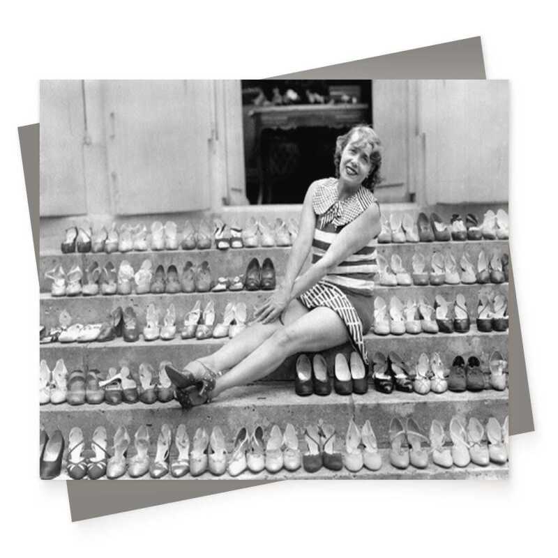 Surrounded by shoes - vintage black and white themed card  - 12.6 x 17.7cm and blank inside - made in the UK