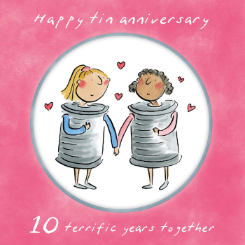 Holy Mackerel same sex LGBTQ+ 10th Tin anniversary card (female) by Rosie Brooks - blank inside - 15cm square