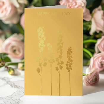 Happy birthday card with a pretty gold foil delphinium print - designed by artist Eloise Hall - 15.7 x 11cm and blank inside