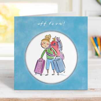 Female Off to Uni card for her - designed by Rosie Brooks - 15cm square and blank inside, made in the UK
