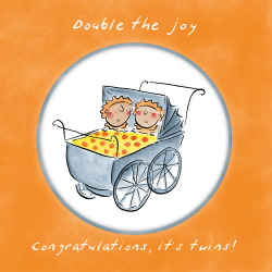 Holy Mackerel Congratulations it's twins, a 15cm square new baby card featuring Rosie Brooks artwork, blank inside for your message