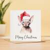 Fun Christmas Card of a Sphynx Cat Wearing A Santa Hat Whimsical Watercolour Christmas Card For Animal Lover For Him or Her - Square (5.5x5.5) / Blank Inside