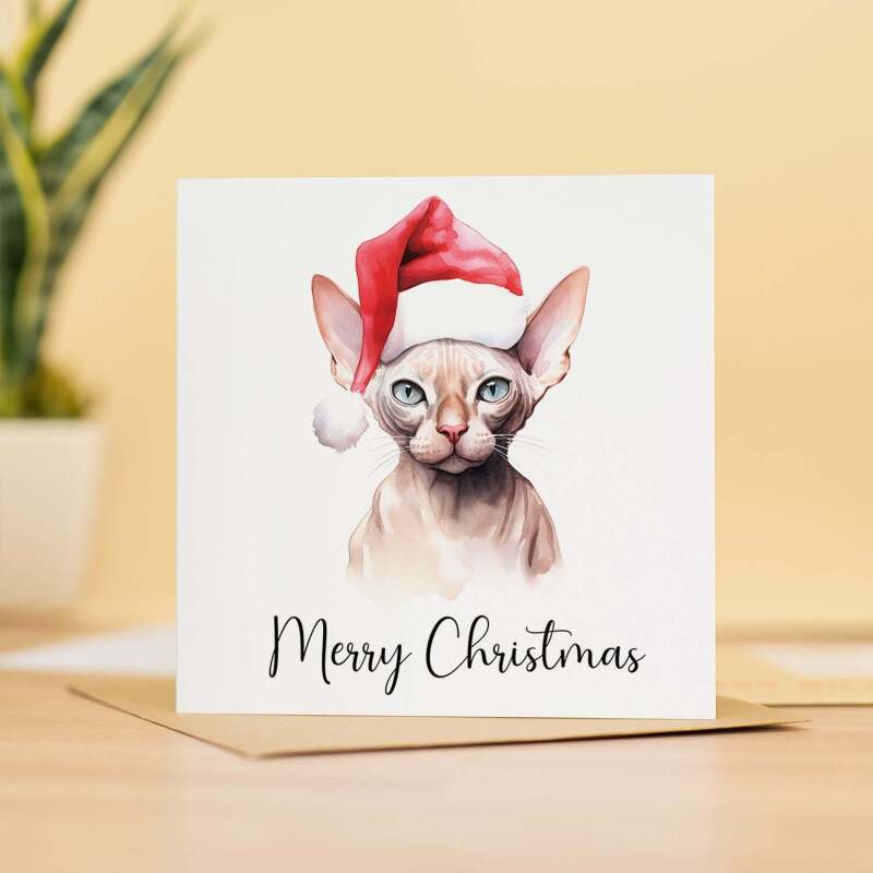 Fun Christmas Card of a Sphynx Cat Wearing A Santa Hat Whimsical Watercolour Christmas Card For Animal Lover For Him or Her - Square (5.5x5.5) / Blank Inside