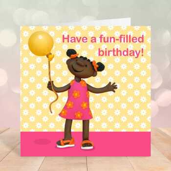 Fun-filled birthday - child's birthday card designed by Erica Sturla - 15cm square and blank inside, made in the UK