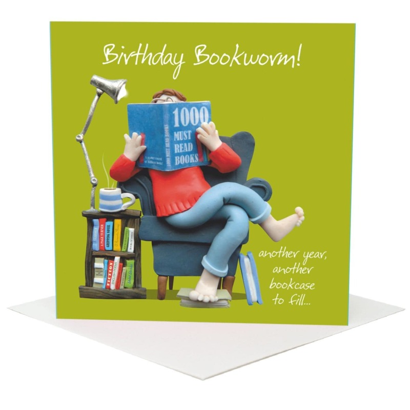 Bookworm birthday card - designed by Erica Sturla - 15cm square and blank inside, made in the UK