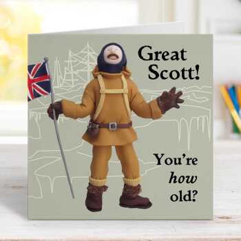 Great Scott! - Captain Scott themed birthday card - designed by Erica Sturla - 15cm square and blank inside, made in the UK