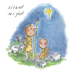 Silent Night, a 150mm square festive Christmas greetings card featuring Rosie Brooks artwork, message inside reads Merry Christmas