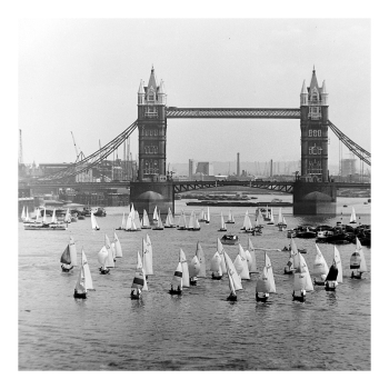 Holy Mackerel Tower Bridge with sails retro black and white photographic card featuring a vintage image of boats on the Thames in London - 15cm square and blank inside