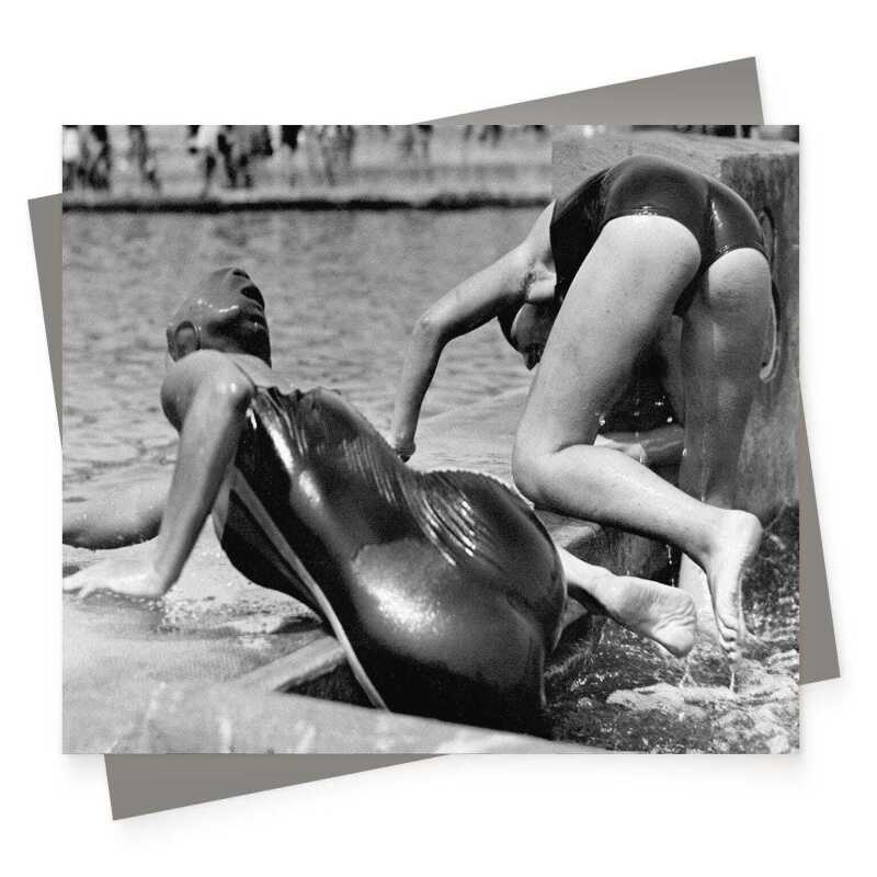Getting out, black and white vintage photographic card featuring swimmers in the pool - 12.6 x 17.7cm and blank inside - made in the UK