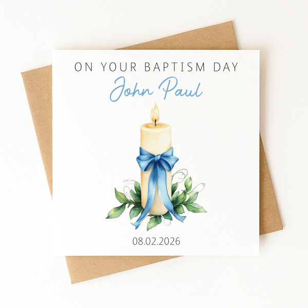 Personalised Baptism Card - On Your Baptism Day - Blue Candle - Standard Smooth Card