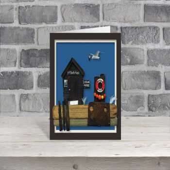 Harbour master - quayside beach hut themed blank card - designed by Seth Draper - 15cm square and blank inside, made in the UK
