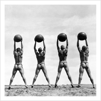 Holy Mackerel exercising on the beach retro black and white photographic card featuring a vintage image of a cheeky scene of men in thongs with beachballs - 15cm square and blank inside