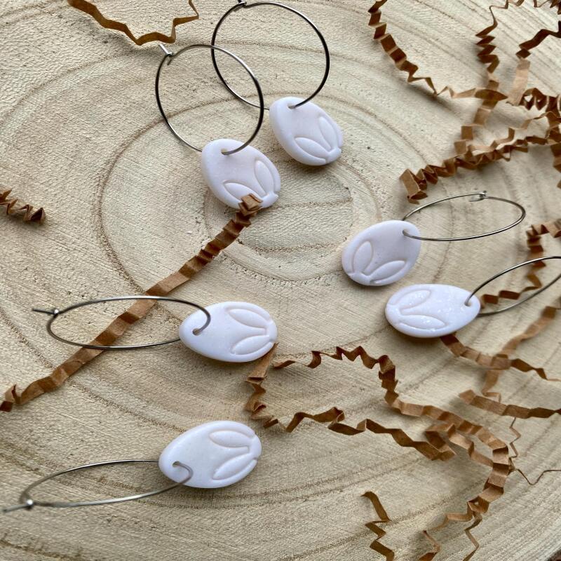 Handmade Polymer Clay Easter Egg Earrings: White Bunny Design - ball studs - silver