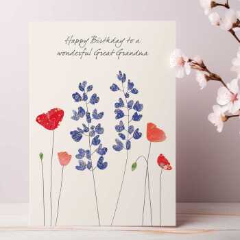Poppies and lupins great grandma birthday card -  designed by Eloise Hall for Holy Mackerel - 15.7 x 11cm and blank inside, made in the UK