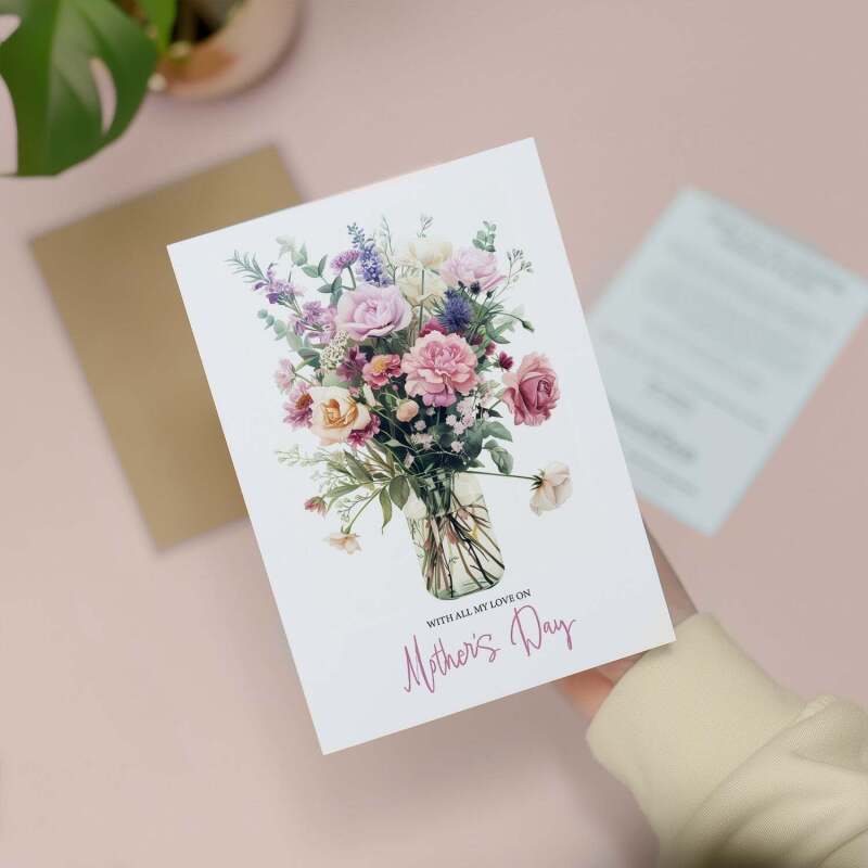 Mother's Day Card For Mum Happy Mother's Day Mothers Day card Mothering Sunday Floral Pink and Puple Flowers Mom Mommy Mum Mummy - Large (5x7) / Blank Message