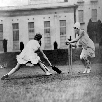 Holy Mackerel women playing cricket retro black and white photographic card featuring a vintage image of batswoman and wicket keeper - 12.6 x 17.7cm and blank inside
