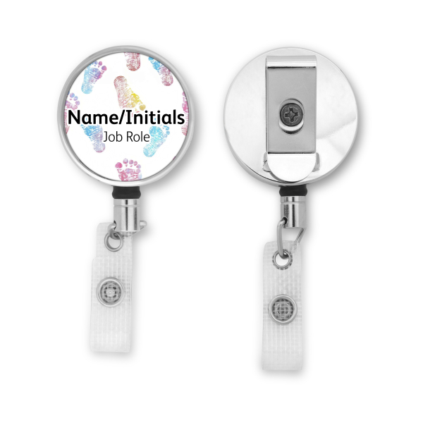 Personalised Metal ID Reel - Colourful Baby Footprints
