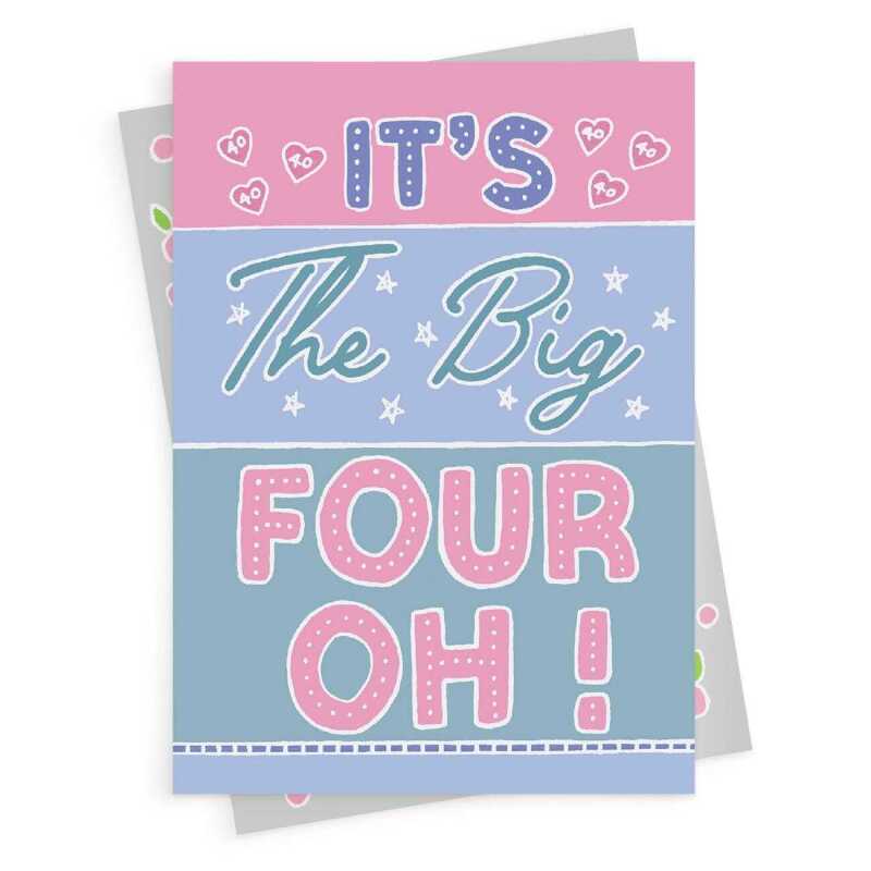 The big four OH, a bright and fun 40th birthday card with a gorgeous printed envelope - 12 x 17cm and blank inside - made in the UK