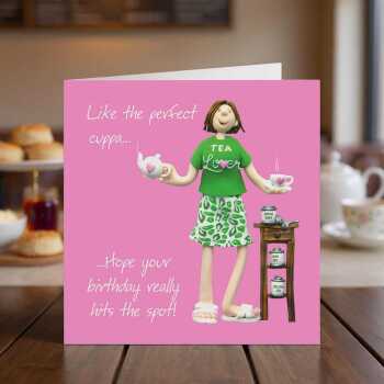 Funny Tea Lover Birthday Card for Her - Perfect Cuppa - Polymer Clay Art by Erica Sturla UK