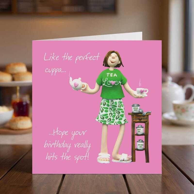 Funny Tea Lover Birthday Card for Her - Perfect Cuppa - Polymer Clay Art by Erica Sturla UK
