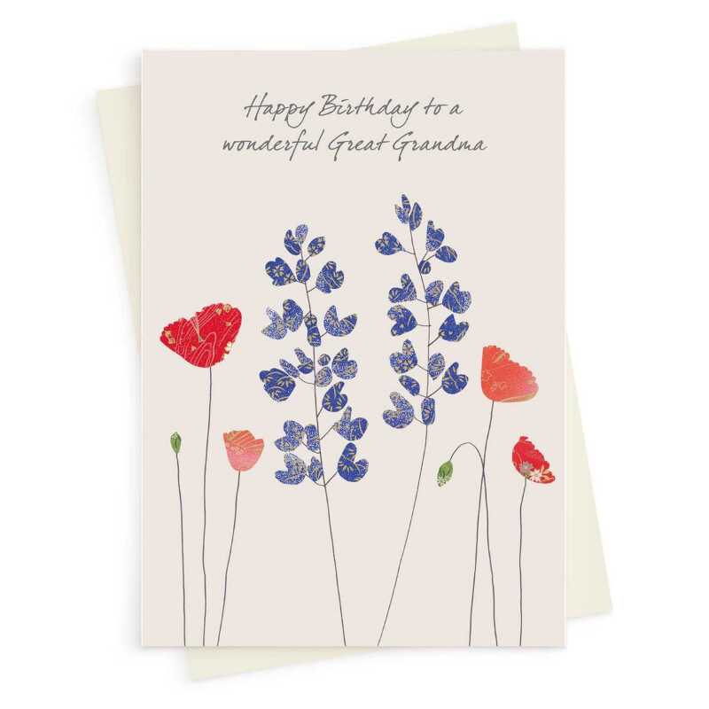 Poppies and lupins great grandma birthday card -  designed by Eloise Hall for Holy Mackerel - 15.7 x 11cm and blank inside, made in the UK