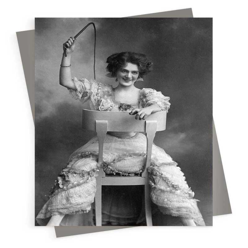 Lady with whip - vintage black and white themed card featuring Lily Elsie actress & singer - 12.6 x 17.7cm and blank inside - made in the UK