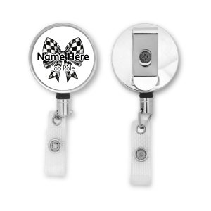 Personalised Metal ID Reel - Retro Check Coquette Bow Ribbon
