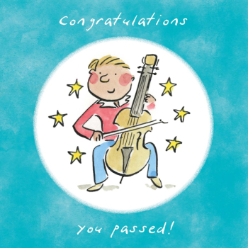 Cello exam music themed congratulations greetings card by artist Rosie Brooks. Card is 150mm square.