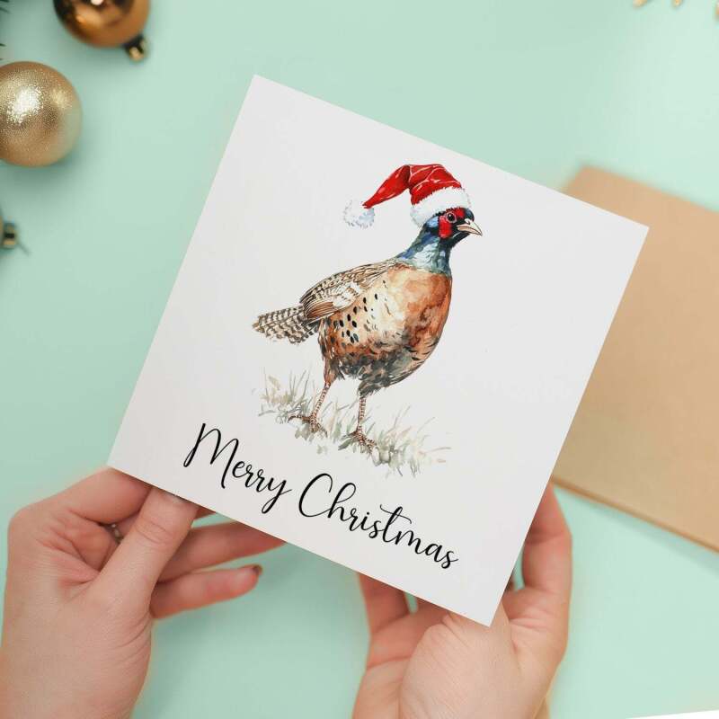 Fun Christmas Card of a Pheasant Wearing A Santa Hat Whimsical Watercolour Christmas Card For Bird Lover For Him or Her - Square (5.5x5.5) / Blank Inside