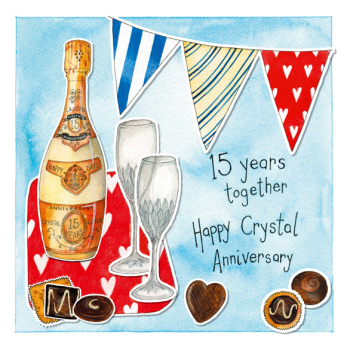 15 years together Crystal 15th Anniversary 150mm square greetings card by artist Kate Brazier