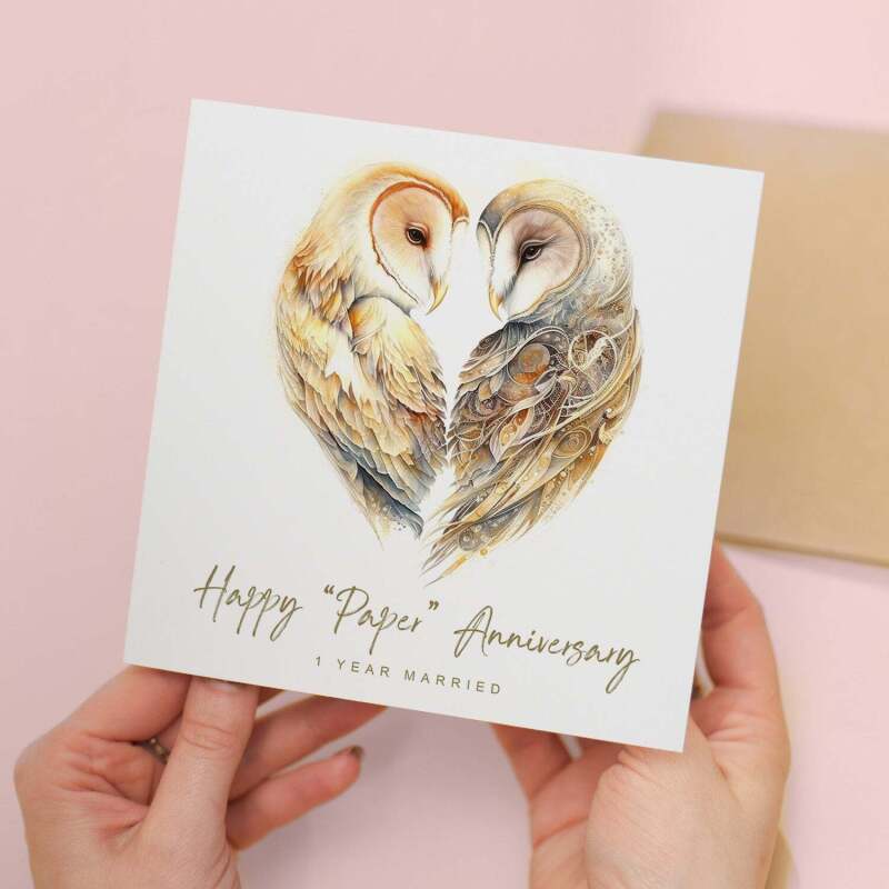1st Anniversary Card Paper Anniversary 1 Year Anniversary Card For Husband Owl Anniversary Card For Wife One Year Anniversary Card - Square (5.5x5.5) / Blank Inside