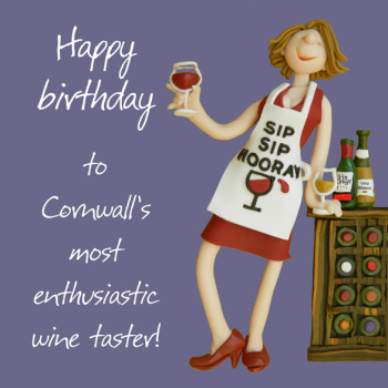 Cornish Wine Taster Birthday Greetings Card, Designed by Erica Sturla for Holy Mackerel. Card is 150mm Square and Blank Inside.