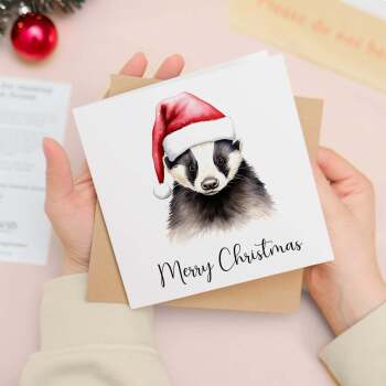 Fun Christmas Card of a Badger Wearing A Santa Hat Whimsical Watercolour Christmas Card For Animal Lover For Him or Her