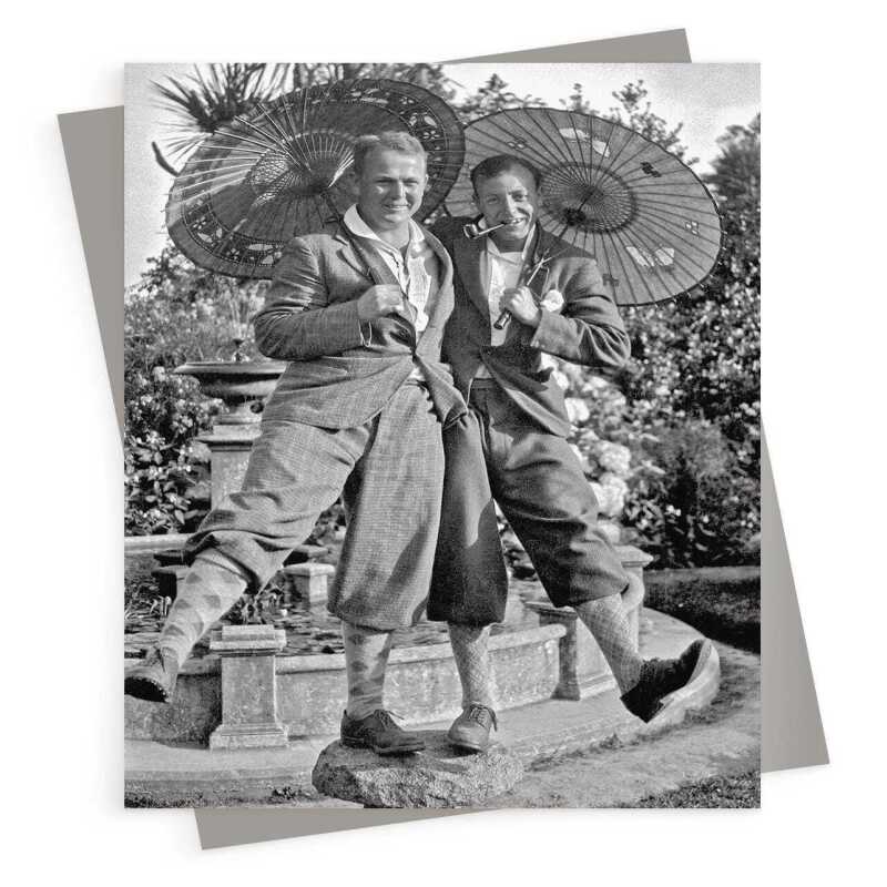 Throwing shade, retro photographic card featuring 1920s fashionable gay men with umbrellas - 12.6 x 17.7cm and blank inside - made in the UK