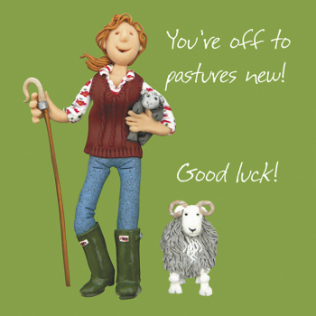 Holy Mackerel Off to Pastures New sheep themed bon voyage card designed by Erica Sturla Card is 15cm square and blank inside for your own message