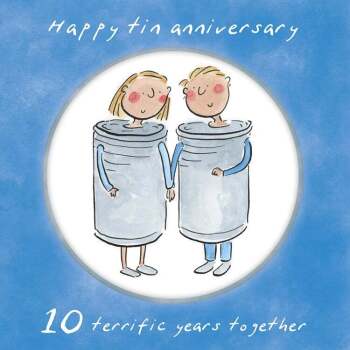 Holy Mackerel 10th (tin) wedding anniversary card by Artist Rosie Brooks - 15cm square and blank inside - for him, her, husband, wife, couple etc